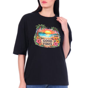 ficon women black 180 gsm pure cotton printed t shirt | good vibes graphic tee | round neck half sleeve casual top